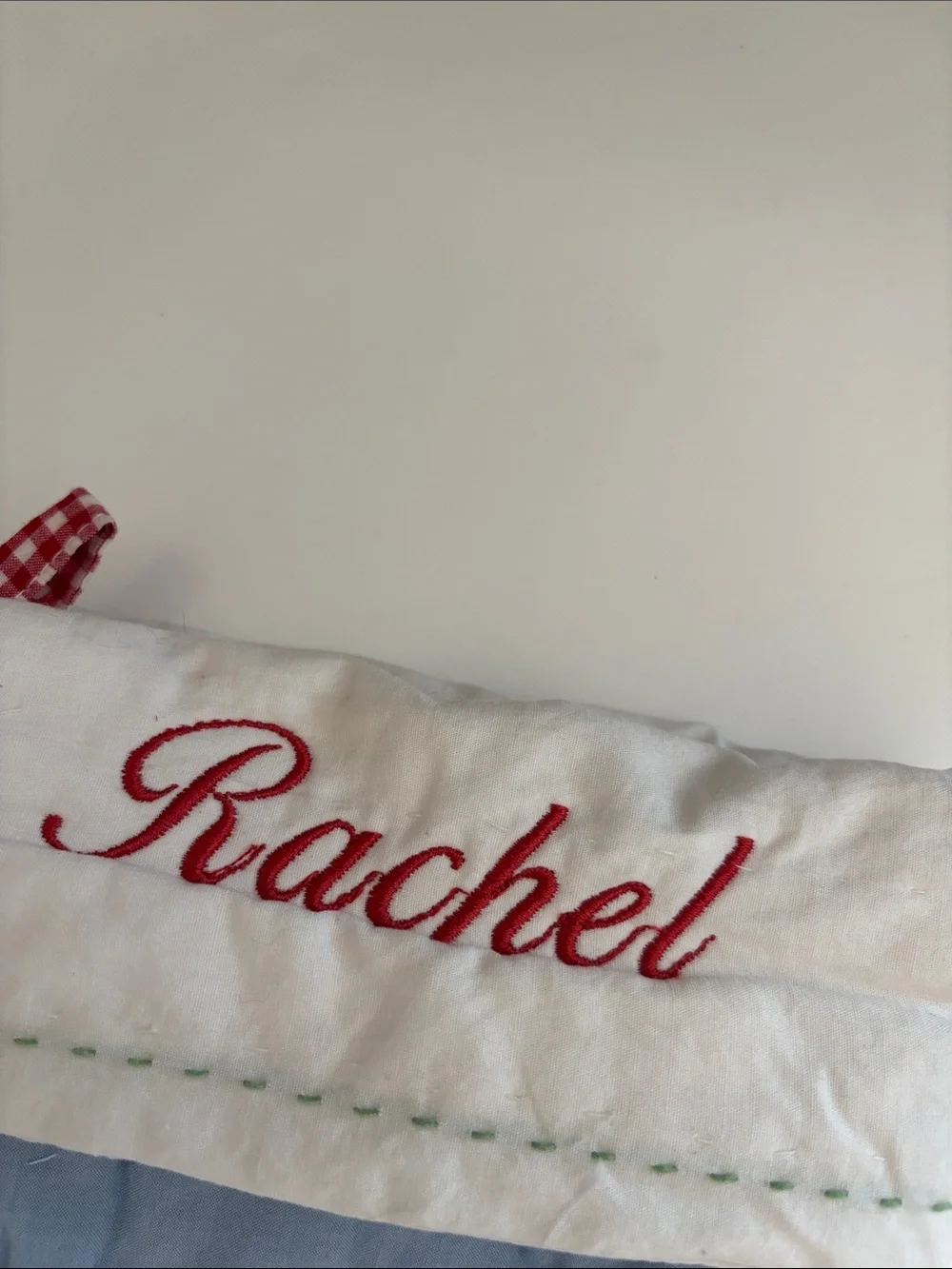 Pottery Barn “Rachel” Embroidered Santa Ski Holiday Stocking - Light Blue & Red